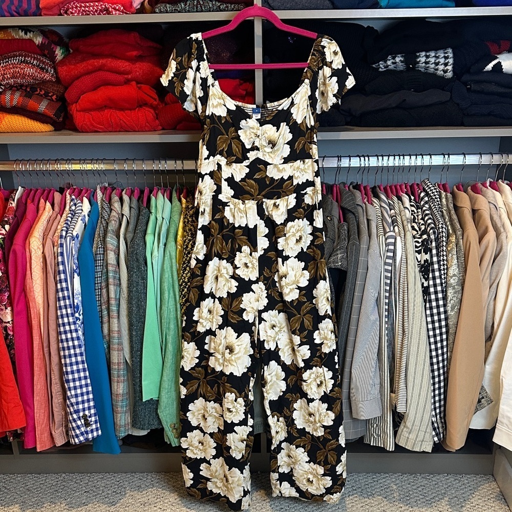 Old Navy black/brown/cream floral smocked wide leg jumpsuit size M